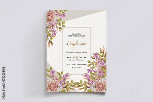 WEDDING INVITATION FRAME WITH FLOWER DECORATIONS AND FRESH LEAVES