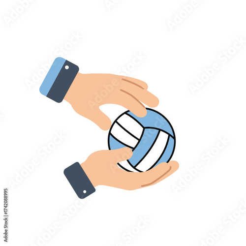 A pair of human hands gently cradles a light blue and white volleyball, symbolizing teamwork, sportsmanship, and the joy of playing this popular indoor game.
