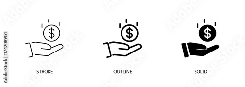 Hand and falling coins icon for income, profit, finance. Editable vector stroke icon, outline and solid. Eps10 file.