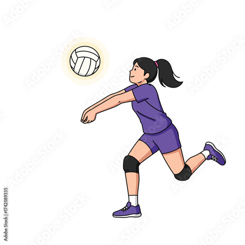A determined young female athlete in a vibrant purple uniform executes a perfect volleyball bump pass during an exciting game or practice session, showcasing skill and teamwork.