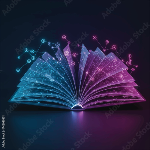 Open book with digital data streams in blue and purple