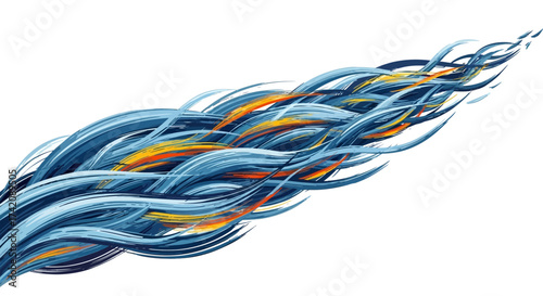 Abstract brushstroke design with dynamic, flowing lines in blues and oranges giving a sense of