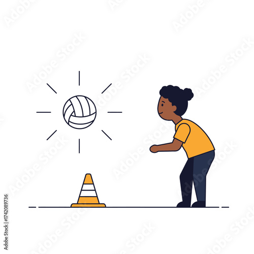 A young person in a yellow shirt practices volleyball, ready to hit the glowing ball over a training cone in a minimalist line art illustration.