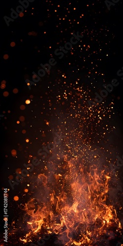 Fiery flames ascend into the darkness, displaying vibrant orange and yellow hues with scattered sparks rising upwards.