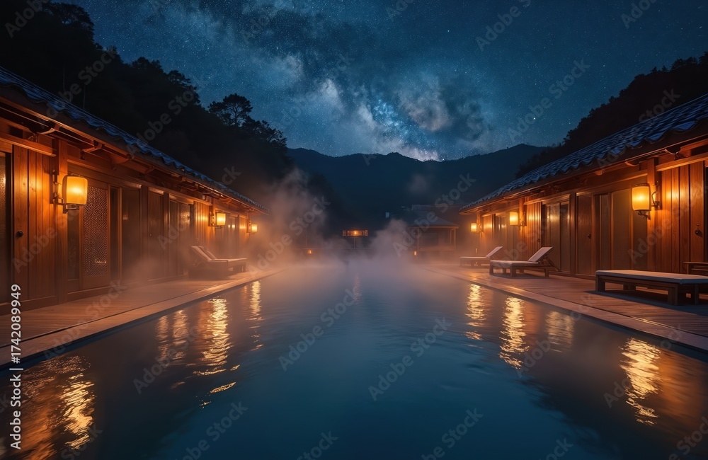 Fototapeta premium Japanese onsen hot spring under starry night sky. Steam rises from calm water pool. Wooden buildings with warm lanterns line sides. Lounge chairs await guests. Mountains loom in distance. Quiet spa