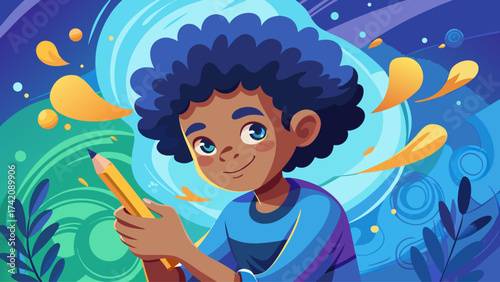 Afro boy holding soccer ball, confident stance, realistic vector shading, minimal white background, symbolizing teamwork, sportsmanship, and healthy lifestyle inspiration.