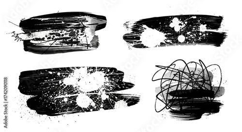 Abstract black and white ink strokes art, with dynamic brushstrokes and splatter patterns,