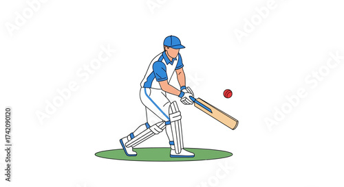 Dynamic illustration of a male cricketer in full action, powerfully striking a red ball with his bat during a competitive match, showcasing the intensity and skill of the sport