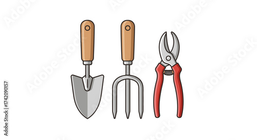 Simple flat cartoon illustration of essential garden hand tools, featuring a trowel, hand fork, and pruning shears isolated on white
