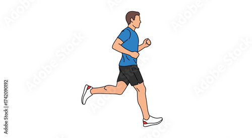 Man in blue shirt and black shorts running on white background, isolated full body shot