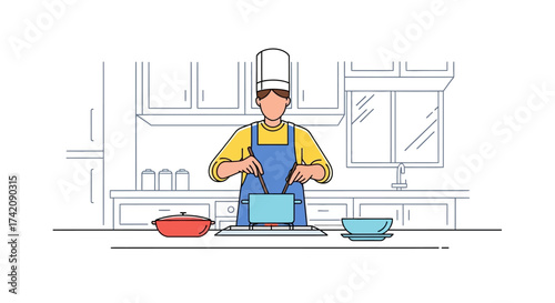 Professional chef in a uniform and hat stands in a kitchen, stirring a pot on the stove to prepare a delicious meal. Minimalist line art illustration
