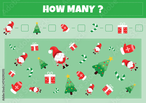 Mathematical game for kids. Christmas theme. Educational matherials. How many objects page with Christmas elf, tree, mitten, gift and candy on green background. Count the objects. Vector illustration.