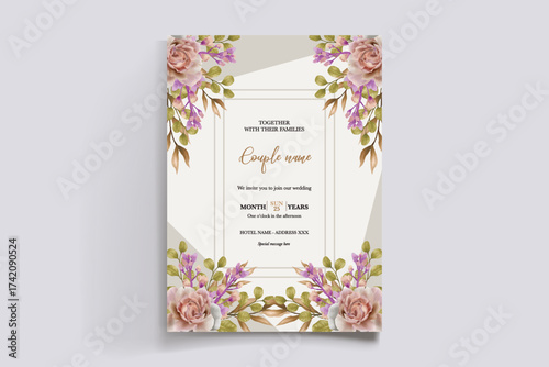 WEDDING INVITATION FRAME WITH FLOWER DECORATIONS AND FRESH LEAVES