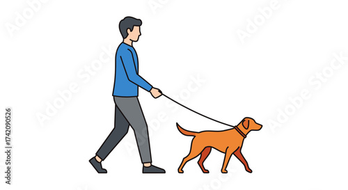 A man walking a dog on a leash Cartoon of a person and a pet in simple line art style