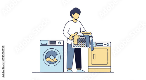 Vector illustration of a man doing laundry with washing machines and a basket of clothes