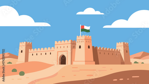 Fortified Citadel in a Desert Landscape with Madagascar Flag