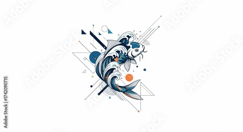 Abstract koi fish illustration with geometric shapes, artistic design and wave elements