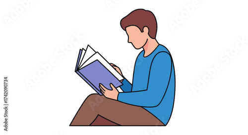 Illustration of a young person engrossed in a book, calmly sitting and expanding their knowledge through reading and learning