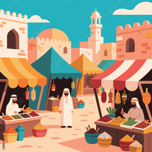 Arabian Market Scene A Vibrant Street with Stalls and People