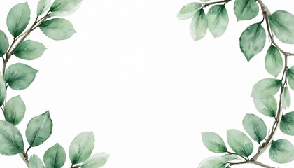 Watercolor eucalyptus branches with green leaves create natural border on clean white background. Art offers fresh, organic feel perfect for invitations greeting cards, providing ample space for