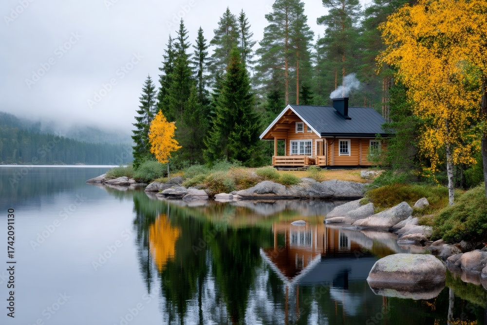 Obraz premium Wooden log cabin by a lake reflecting autumn colors