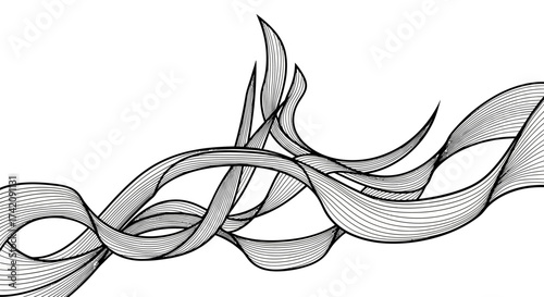 Abstract flowing ribbon illustration with detailed cross hatching and dynamic linework forming