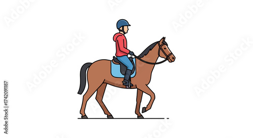 Illustrated depiction of a person riding a horse, showcasing equestrian sport or leisure activity with a rider in a helmet and jacket on a brown horse, perfect for educational or recreational graphics