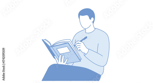 Illustration of a man reading a book and taking notes in a simple blue line art style against a white background.