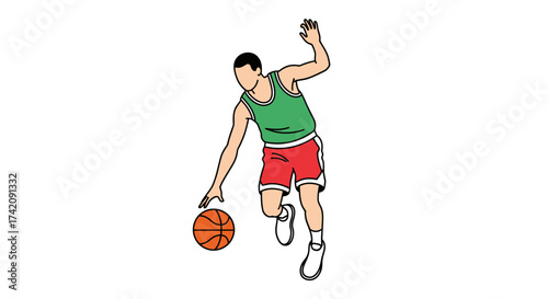 Illustration of a basketball player dribbling a ball with dynamic movement on a white background