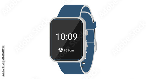 Flat lay of a smartwatch with a blue strap on a white background