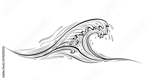 Dynamic Ocean Wave Illustration with Detailed Line Art Depicting Energy and Movement