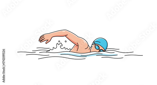 Illustration of a male swimmer wearing a blue cap and goggles, swimming freestyle with a splash of water, on a white background.