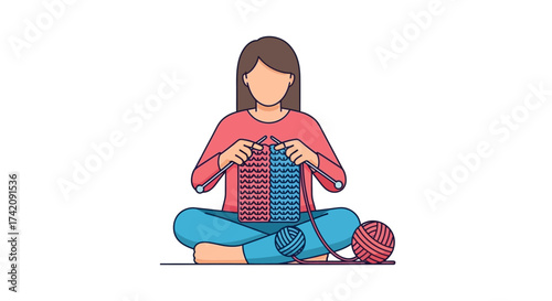 Illustration of a woman knitting with colorful yarn on a white background
