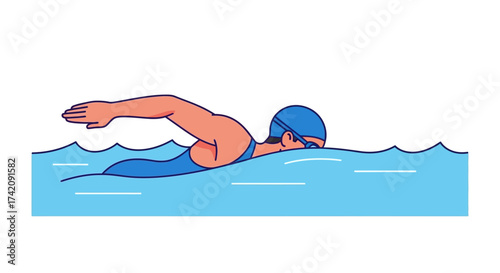 Illustration of a male swimmer in a blue cap swimming freestyle in a pool with a calm and focused mood.