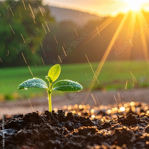 Vibrant green seedling watered by golden rain under a warm sunset light.
