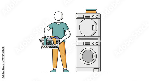 Line drawing of a person holding a laundry basket next to stacked washer and dryer