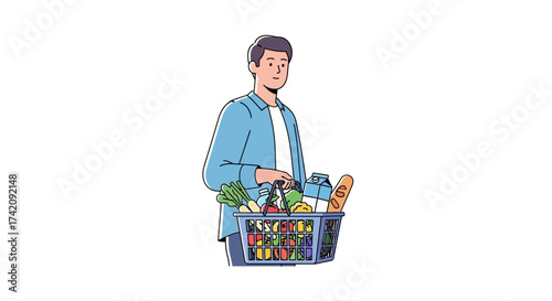 Illustration of a man holding a shopping basket filled with groceries on a white background