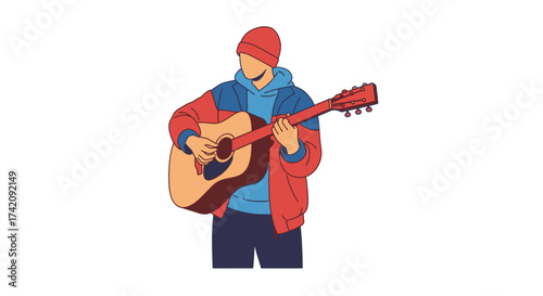 Flat illustration of a man playing an acoustic guitar