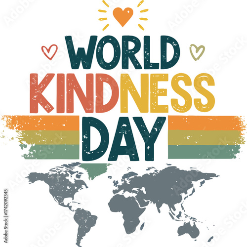 World kindness day tshirt illustration vector art of world kindness day text with a stylized world map and colorful distressed stripe, celebrating global unity and compassion