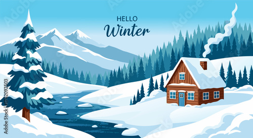 Picturesque snowy winter wonderland featuring a tranquil cabin, majestic mountains, and a peaceful river, perfect for seasonal designs