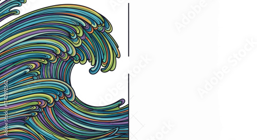 Colorful stylized wave cresting against a stark white background creating dynamic energy