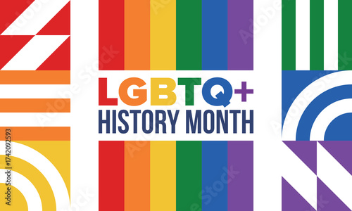 LGBTQ+ history month. Pride Month. Lesbian Gay Bisexual Transgender. Celebrated annual. LGBT flag. Rainbow love concept. Human rights and tolerance. Poster, card, banner and background. Vector
