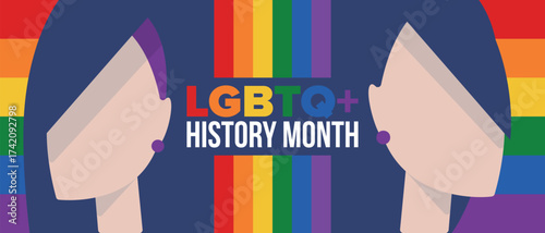 LGBTQ+ history month. Pride Month. Lesbian Gay Bisexual Transgender. Celebrated annual. LGBT flag. Rainbow love concept. Human rights and tolerance. Poster, card, banner and background. Vector