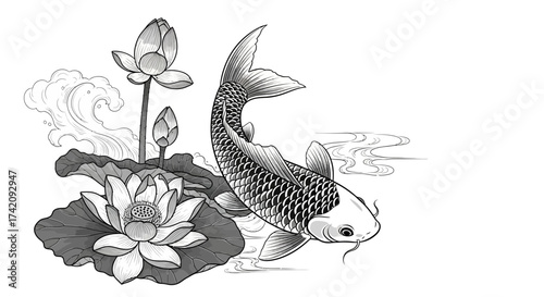 Monochromatic elegance: a koi fish, serene lotus flowers and gentle water flow design