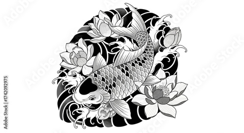 Elegant koi fish illustration with lotus flowers and swirling waves in monochrome style
