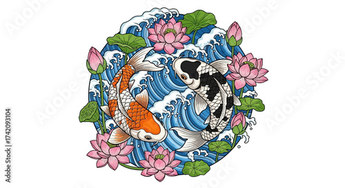 Elegant illustration of koi fish swimming amidst lotus blossoms and serene flowing waves