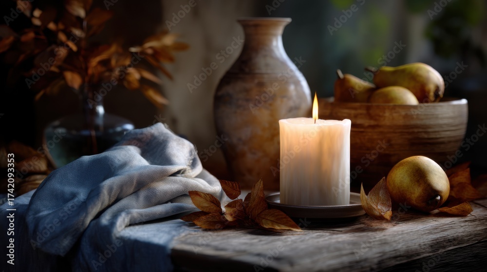 Fototapeta premium A candle is lit on an old wooden table, with autumn leaves and pears in a bowl. A soft blue cloth lies next to the waxy flickering flame, creating a pleasant atmosphere of relaxation and comfort.