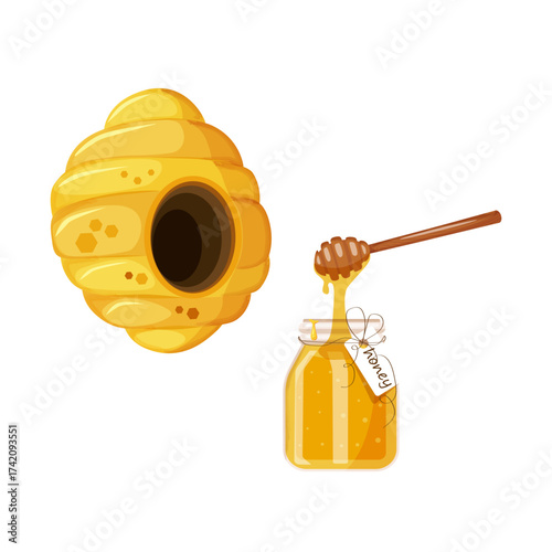Colorful yellow beehives. A glass pot full of honey and a honey dipper. Illustration, cartoon flat icon isolated on white background.