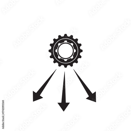 Mechanical gear distributing power outward with three arrows indicating direction