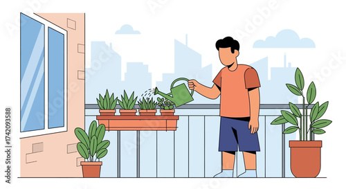 Man watering plants on balcony with cityscape in the, enjoying moment urban gardening and connecting with nature